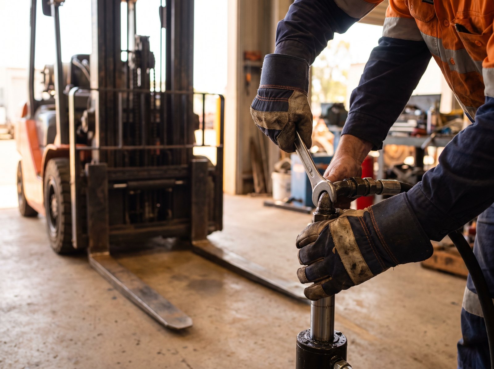 Gloved hands fitting a hydraulic hose to a forklift mast cylinder